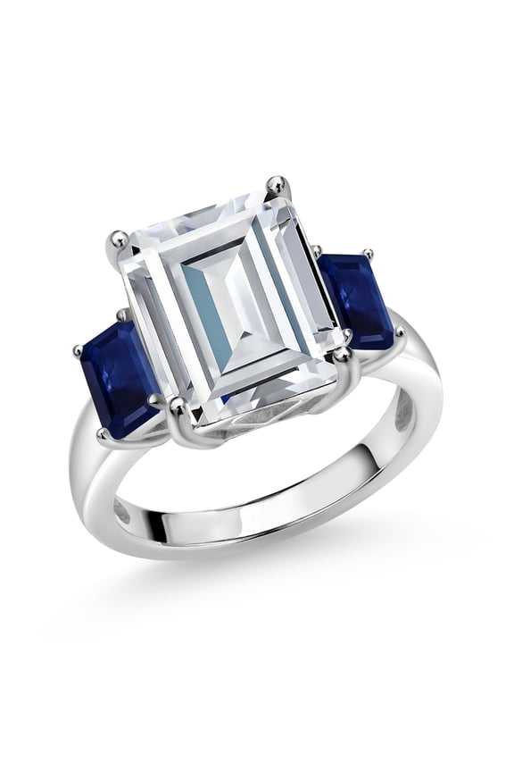 925 Sterling Silver Blue Sapphire Ring Set with Emerald Cut Moissanite (8.61 Cttw) (Size 6)