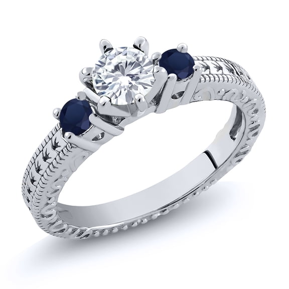 Gem Stone King 0.80 Cttw Blue Sapphire and Moissanite 3-Stone Ring for Women | 925 Sterling Silver | Round 5MM and 3MM (Size 6)
