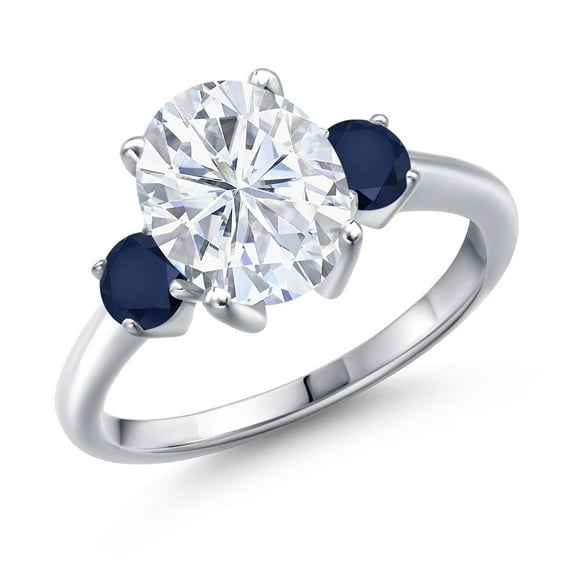 Gem Stone King 925 Sterling Silver Blue Sapphire Ring Set with Oval Moissanite (3.70 Cttw)