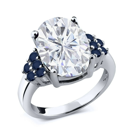 Gem Stone King 925 Sterling Silver Blue Sapphire Ring Set with Oval Moissanite (5.59 Cttw) (Size 9)