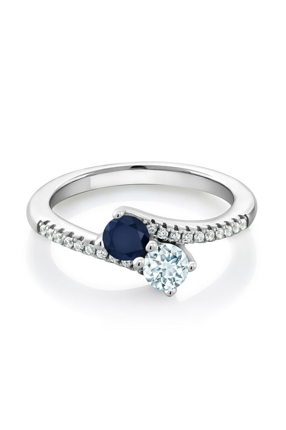 925 Sterling Silver Blue Sapphire and Sky Blue Aquamarine Bypass Ring for Women (0.84 Cttw, Gemstone September Birthstone, Round 4MM, Size 7)