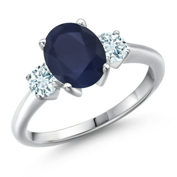 Gem Stone King 925 Sterling Silver Blue Sapphire and Sky Blue Aquamarine Engagement Ring for Women | 2.70 Cttw | Oval 9X7MM | Gemstone September Birthstone | Size 8