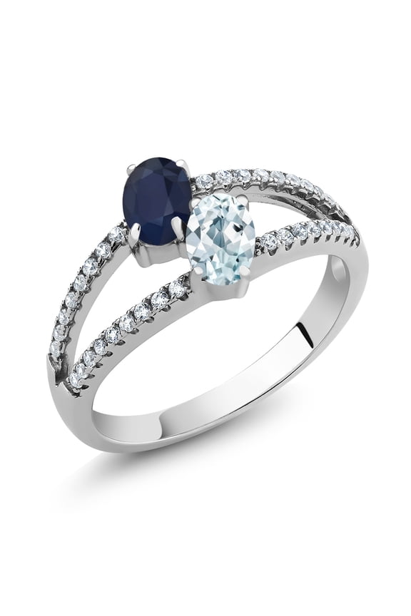 1.39 Cttw Blue Sapphire and Sky Blue Aquamarine Two Stone Ring for Women | 925 Sterling Silver | Gemstone Birthstone | Wedding Engagement Anniversary Promise Ring for Women | Size 6