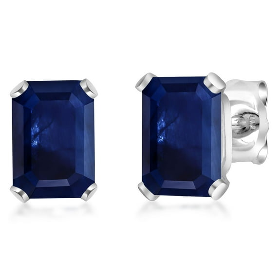Gem Stone King 925 Sterling Silver Blue Sapphire Stud Earrings for Women Men (1.23 Cttw, Gemstone Birthstone, Emerald Cut 6X4MM)