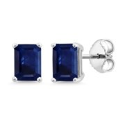 Gem Stone King 925 Sterling Silver Blue Sapphire Stud Earrings for Women Men 3.12 Cttw, Gemstone Birthstone, Emerald Cut 7X5MM