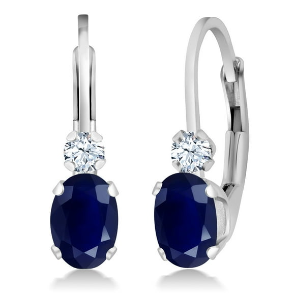 Gem Stone King 925 Sterling Silver Blue Sapphire and White Created Sapphire Leverback Earrings for Women (1.18 Cttw, Gemstone September Birthstone, Oval 6X4MM, Round 2MM, 3/4 inch)