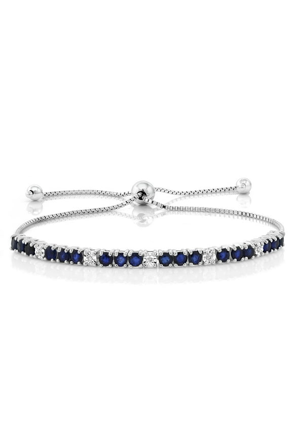 925 Sterling Silver Blue Sapphire and White Diamond Tennis Bracelet Jewelry for Women (2.05 Cttw, Gemstone Birthstone, Fully Adjustable up to 9 inch)