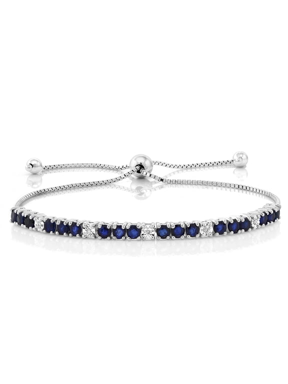 925 Sterling Silver Blue Sapphire and White Diamond Tennis Bracelet Jewelry for Women (2.05 Cttw, Gemstone Birthstone, Fully Adjustable up to 9 inch)