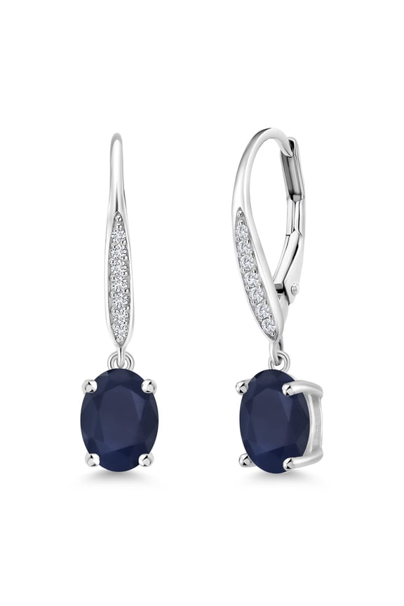 925 Sterling Silver Blue Sapphire and White Lab Grown Diamond Leverback Dangle Drop Earrings for Women (3.70 Cttw, Gemstone September Birthstone, Oval 8X6MM)
