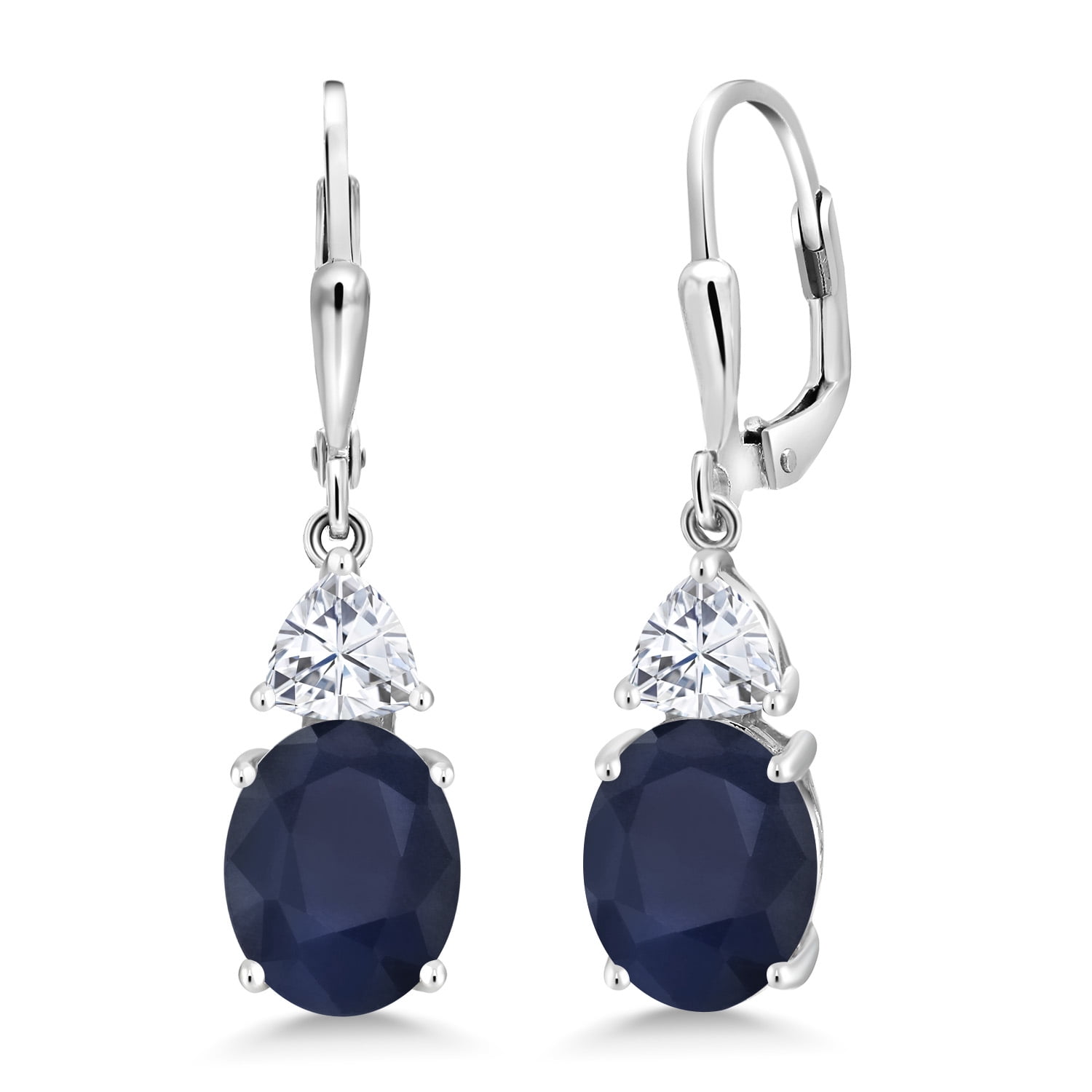Gem Stone King 925 Sterling Silver Blue Sapphire and White Moissanite Dangle Earrings for Women (6.94 Cttw, Gemstone September Birthstone, Oval 10X8MM, Trillion 5MM)