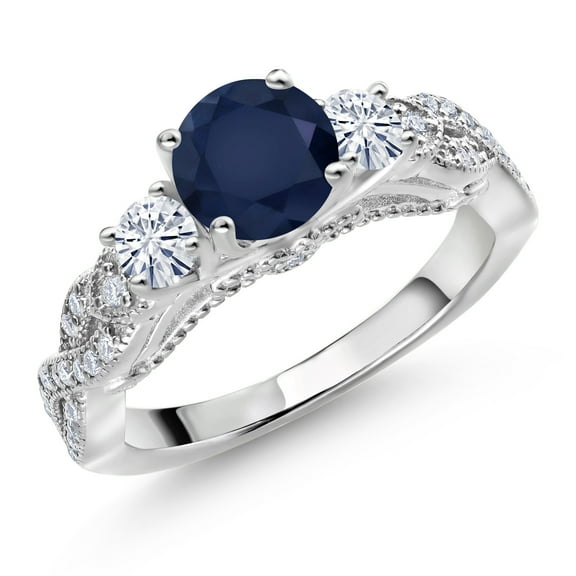 Gem Stone King 925 Sterling Silver Blue Sapphire and White Moissanite Engagement Ring for Women (1.57 Cttw, Gemstone September Birthstone, Round 6MM and 3MM, Size 7)