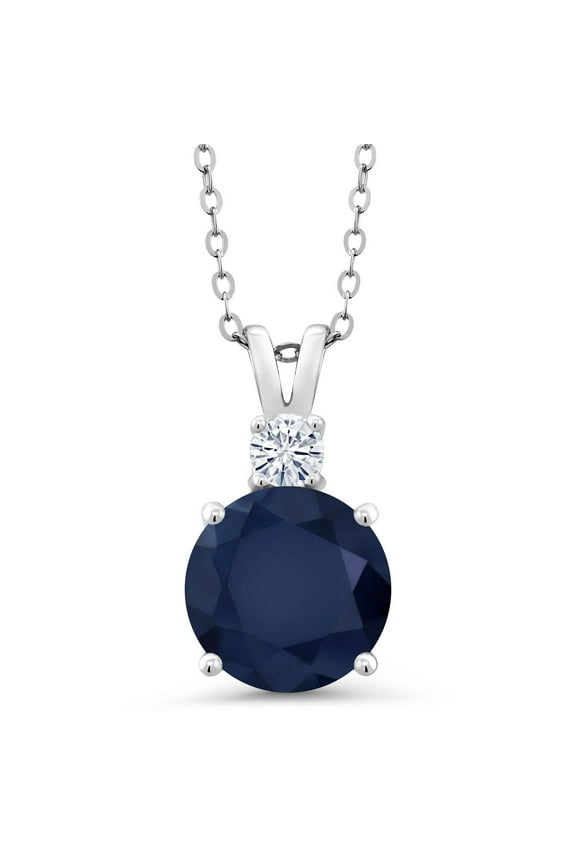 5.11 Cttw Blue Sapphire and White Moissanite Pendant Necklace for Women | 925 Sterling Silver | Gemstone September Birthstone | Round 10MM | With 18 inch Chain