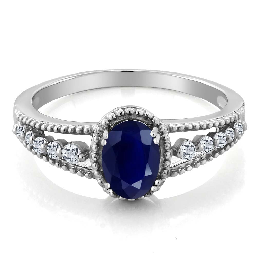 Gem Stone King 925 Sterling Silver Blue Sapphire and White Topaz Engagement Ring for Women (1.21 Cttw, Oval 7X5MM, Gemstone Birthstone, Available in Size 5, 6, 7, 8, 9)