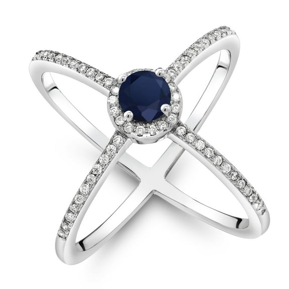 Gem Stone King 925 Sterling Silver Blue Sapphire Women Criss Cross X Ring for Women (1.42 Cttw, Round 5MM, Gemstone Birthstone, Size 7)