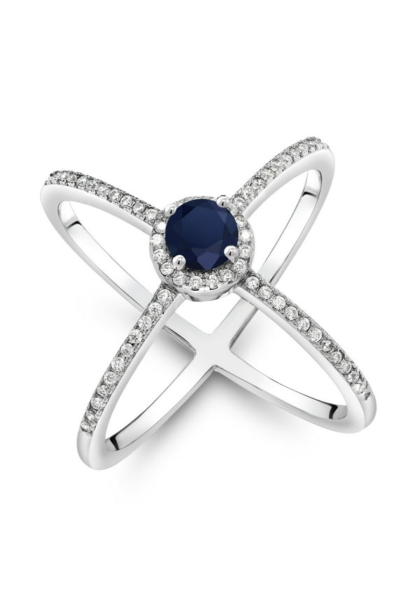 925 Sterling Silver Blue Sapphire Women Criss Cross X Ring for Women (1.42 Cttw, Round 5MM, Gemstone Birthstone, Size 7)