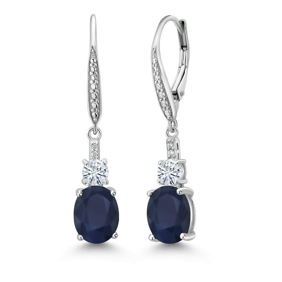 Gem Stone King 925 Sterling Silver Blue Sapphire and Moissanite Dangle Earrings for Women with Lab Grown Diamond (4.89 Cttw, Oval 9X7MM)