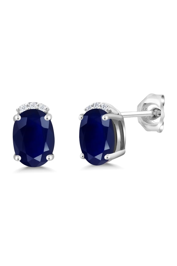 2.08 Cttw Blue Sapphire and Round White Lab Grown Diamond Earrings for Women | 925 Sterling Silver | Gemstone Birthstone | Oval 7X5MM