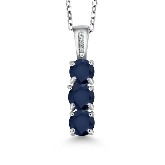 Gem Stone King 925 Sterling Silver Blue Sapphire and White Diamond Pendant Necklace for Women (1.84 Ct Round with 18 inch Silver Chain)