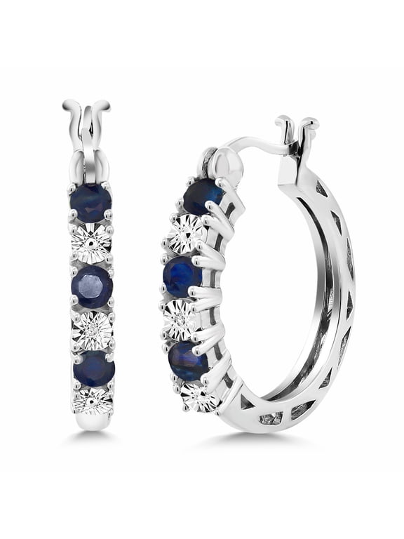 925 Sterling Silver Blue Sapphire and White Lab Grown Diamond Accent Hoop Earrings for Women (0.83 Cttw, 22MM = 0.85 inches Diameter)