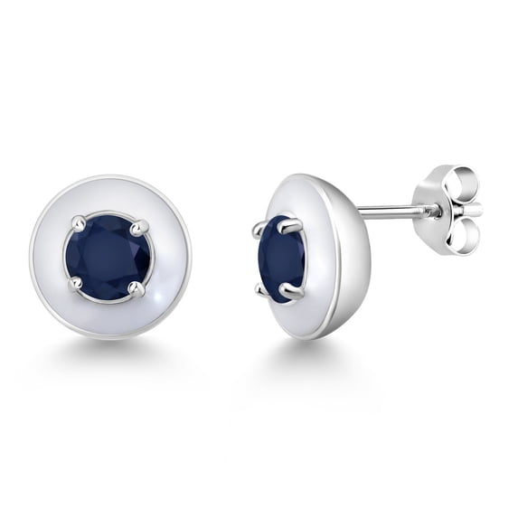 Gem Stone King 925 Sterling Silver Blue Sapphire on White Enamel Stud Earrings for Women Men (1.20 Cttw, Gemstone Birthstone, Round 5MM)