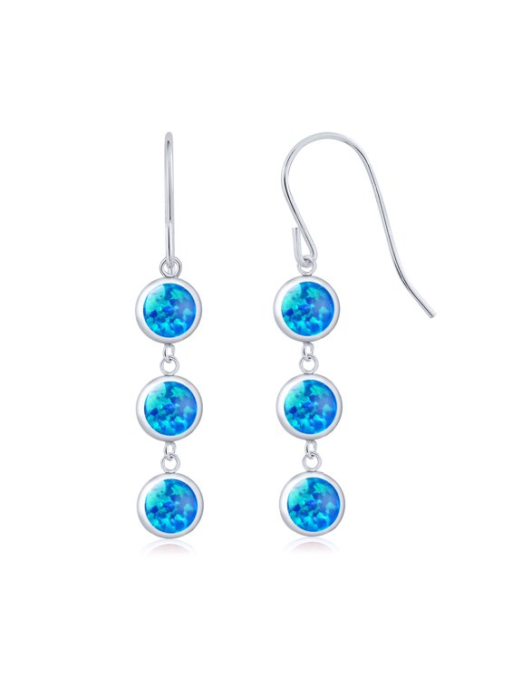 925 Sterling Silver Blue Simulated Opal 3 Stone French Wire Dangle Earrings for Women (3.00 Cttw, Gemstone October Birthstone, Round Cabochon 5MM)