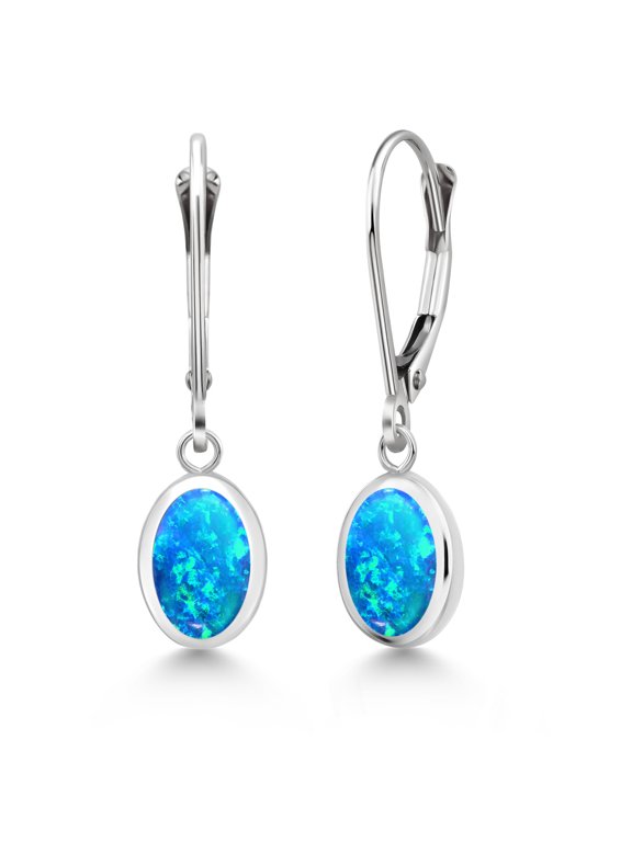 925 Sterling Silver Blue Simulated Opal Drop Dangle Leverback Earrings for Women (2.12 Cttw, Gemstone October Birthstone, Oval Cabochon 8X6MM)