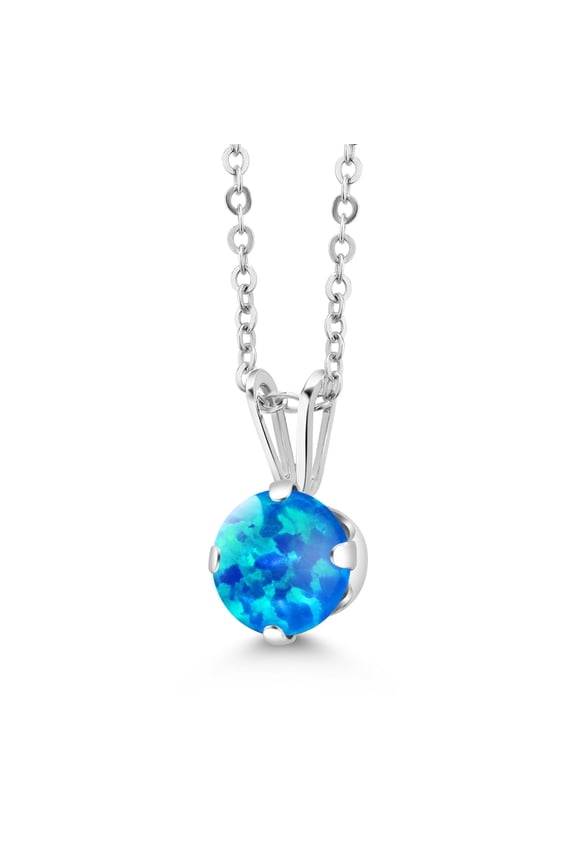 925 Sterling Silver Blue Simulated Opal Pendant Necklace for Women (0.30 Cttw, Gemstone October Birthstone, Round Cabochon 6MM, with 18 inch Chain)