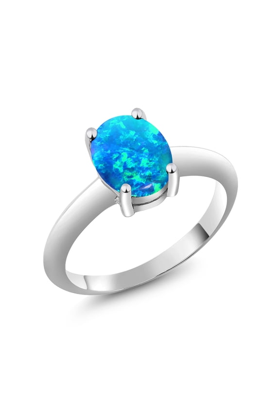 925 Sterling Silver Simulated Blue Opal Solitaire Engagement Ring for Women | 0.56 Cttw | Oval Cabochon 9X7MM | Gemstone October Birthstone | Size 7