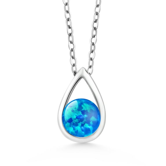 Gem Stone King 925 Sterling Silver Blue Simulated Opal Teardrop Pendant Necklace for Women (0.50 Cttw, Gemstone October Birthstone, Round Cabochon 5MM, with 18 inch Silver Chain)