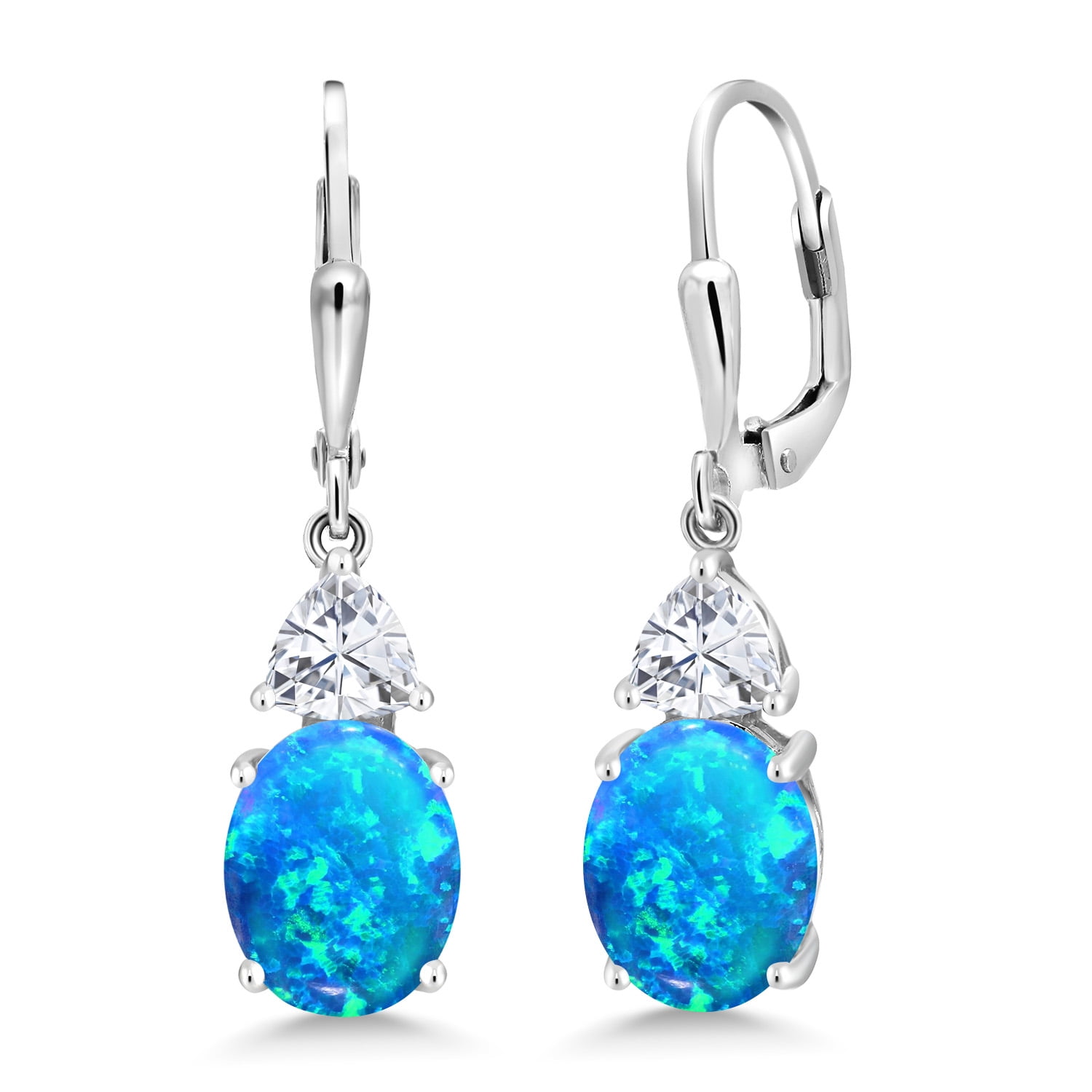 Gem Stone King 925 Sterling Silver Blue Simulated Opal and White Moissanite Dangle Earrings for Women (2.64 Cttw, Gemstone October Birthstone, Oval Cabochon 10X8MM, Trillion 5MM)