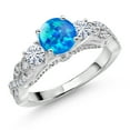 thumbnail image 1 of Gem Stone King 925 Sterling Silver Blue Simulated Opal and White Moissanite Engagement Ring for Women (0.77 Cttw, Gemstone October Birthstone, Round Cabochon 6MM and 3MM, Size 8), 1 of 4
