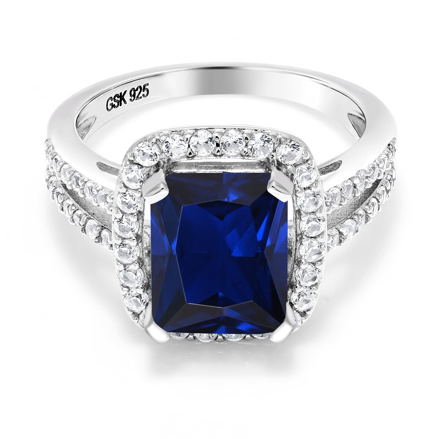 Gem Stone King 4.58 Cttw Blue Simulated Sapphire Engagement Ring for Women | 925 Silver | 10X8MM Emerald Cut | Gemstone Birthstone | Wedding Engagement Anniversary Promise Ring for Women| Size 7
