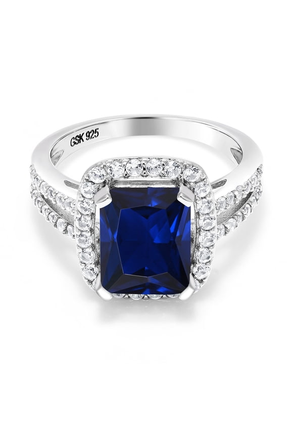 4.58 Cttw Blue Simulated Sapphire Engagement Ring for Women | 925 Silver | 10X8MM Emerald Cut | Gemstone Birthstone | Wedding Engagement Anniversary Promise Ring for Women| Size 6