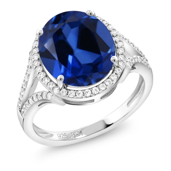 Gem Stone King 925 Sterling Silver Blue Simulated Sapphire Engagement Ring for Women (6.82 Cttw, Oval 12X10MM, Available 5,6,7,8,9)