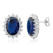 Gem Stone King 925 Sterling Silver Blue Simulated Sapphire or Green Simulated Emerald or Red Created Ruby Halo Earrings For Women (15.00 Cttw, Oval 14X10MM)