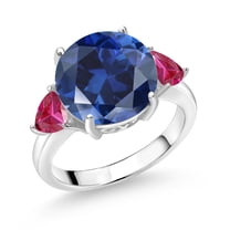 Gem Stone King 925 Sterling Silver Blue Simulated Sapphire and Red Created Ruby 3-Stone Ring for Women (6.86 Cttw, Round 12MM, Trillion 5MM, Size 7)