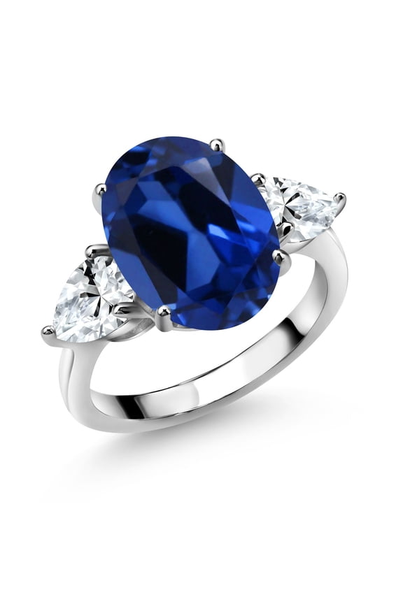 925 Sterling Silver Blue Simulated Sapphire and White Created Sapphire Ring for Women (8.00 Cttw, 14X10MM Oval and 7X5MM Pear Shape, Gemstone, Size 6)