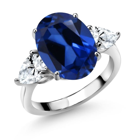 Gem Stone King 925 Sterling Silver Blue Simulated Sapphire and White Created Sapphire Ring for Women (8.00 Cttw, 14X10MM Oval and 7X5MM Pear Shape, Gemstone, Size 6)