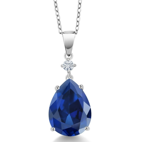 Gem Stone King 10.30 Cttw Blue Simulated Sapphire and White Moissanite Pendant Necklace for Women | 925 Sterling Silver | Pear Shape 16X12MM | With 18 inch Chain
