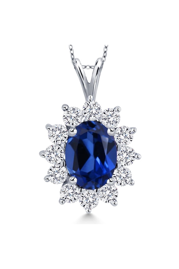 2.25 Cttw Blue Simulated Sapphire and White Zirconia Pendant Necklace for Women | 925 Sterling Silver | Gemstone Birthstone | Oval 8X6MM | With 18 inch Chain
