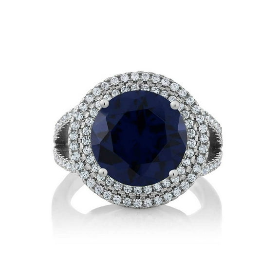 Gem Stone King 7.56 Cttw Blue Simulated Sapphire Ring in 925 Sterling Silver | Round 12MM | Wedding Engagement Anniversary Promise Ring for Women | Available in Size 5, 6, 7, 8, 9