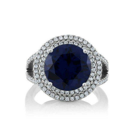 Gem Stone King 7.56 Cttw Blue Simulated Sapphire Ring in 925 Sterling Silver | Round 12MM | Wedding Engagement Anniversary Promise Ring for Women | Available in Size 5, 6, 7, 8, 9