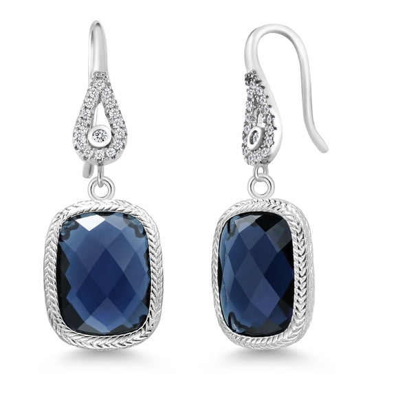 Gem Stone King 925 Sterling Silver Blue Simulated Sapphire and Zirconia Dangle Earrings for Women (4.60 Cttw, 13X9MM Cushion Checkerboard Cut, Frenchwire)