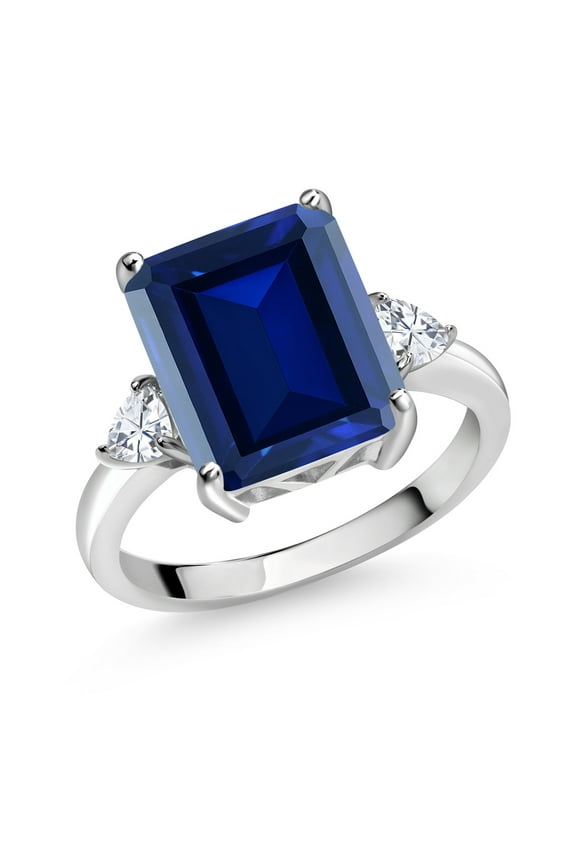 7.02 Cttw Blue Simulated Sapphire and White Moissanite 3-Stone Ring for Women | 925 Sterling Silver | Three Stone Wedding Engagement Anniversary Promise Ring for Women| Size 8