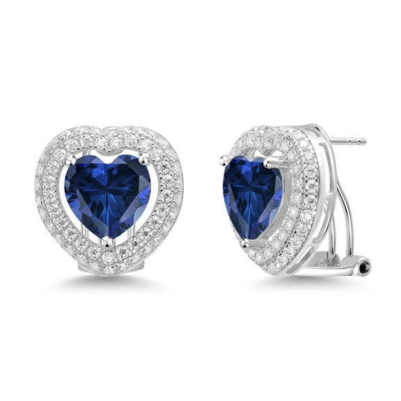Gem Stone King 925 Sterling Silver Blue Simulated Sapphire and White Moissanite Post Clip Earrings for Women (9.85 Cttw, Heart Shape 10MM)