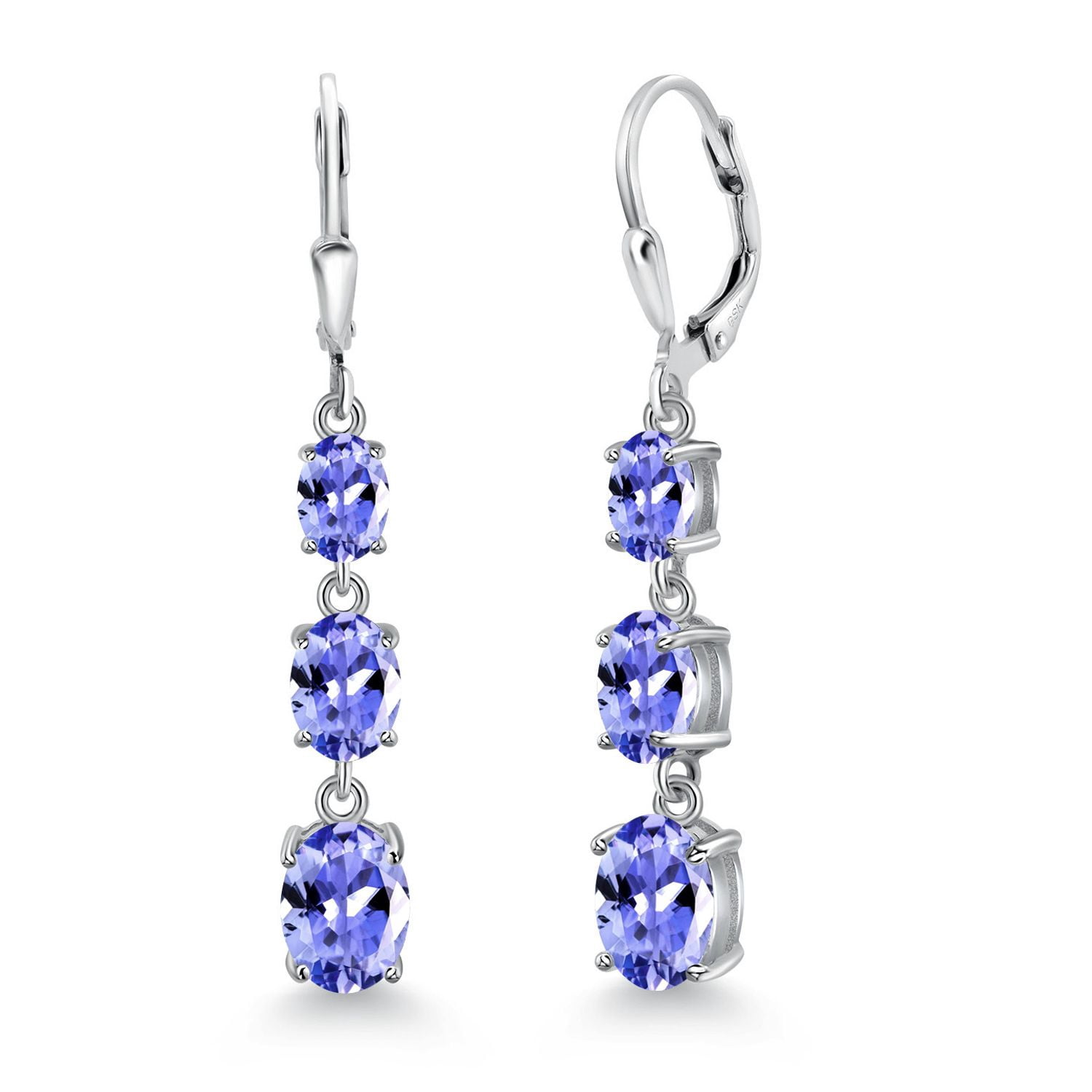 Gem Stone King 925 Sterling Silver Blue Tanzanite 3 Stone Dangle Earrings for Women (4.72 Cttw, Gemstone December Birthstone, Oval 8X6MM, 7X5MM and 6X4MM)