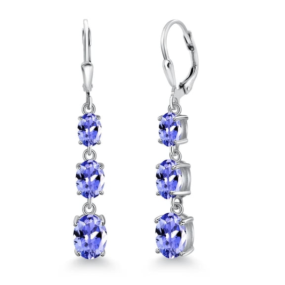 Gem Stone King 925 Sterling Silver Blue Tanzanite 3 Stone Dangle Earrings for Women (4.72 Cttw, Gemstone December Birthstone, Oval 8X6MM, 7X5MM and 6X4MM)