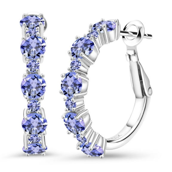 Gem Stone King 925 Sterling Silver Blue Tanzanite Hoop Earrings for Women (3.32 Cttw, Round 4MM and 1.9MM, Gemstone Birthstone 1 inch Diameter)