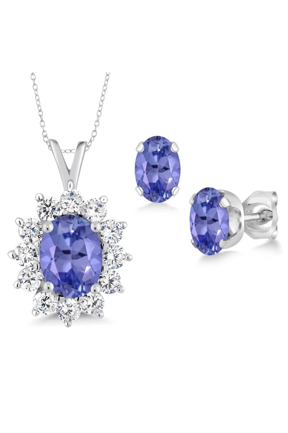 2.30 Ct Oval Blue Tanzanite 925 Sterling Silver Pendant and Earrings Jewelry Set