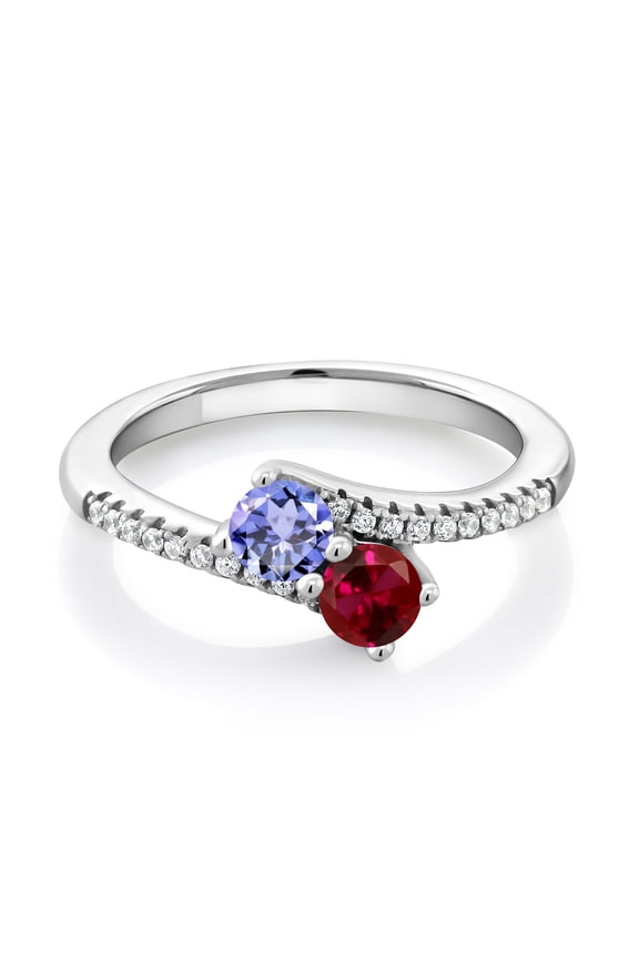 925 Sterling Silver Blue Tanzanite and Red Created Ruby Bypass Ring for Women (0.79 Cttw, Gemstone December Birthstone, Round 4MM, Available in Size 5, 6, 7, 8, 9)